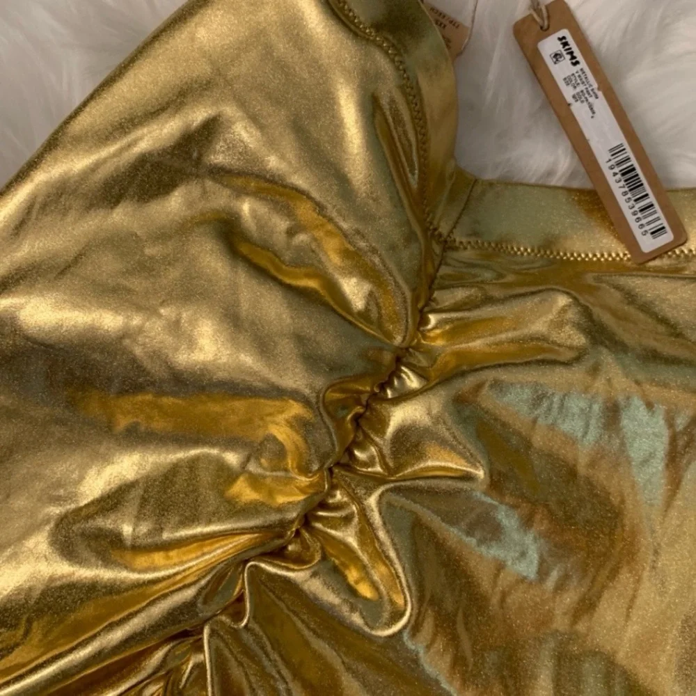 SKIMS NWT Metallic Swim V-Waist Pants Crop Gold XXS Scrunch Butt Ruched